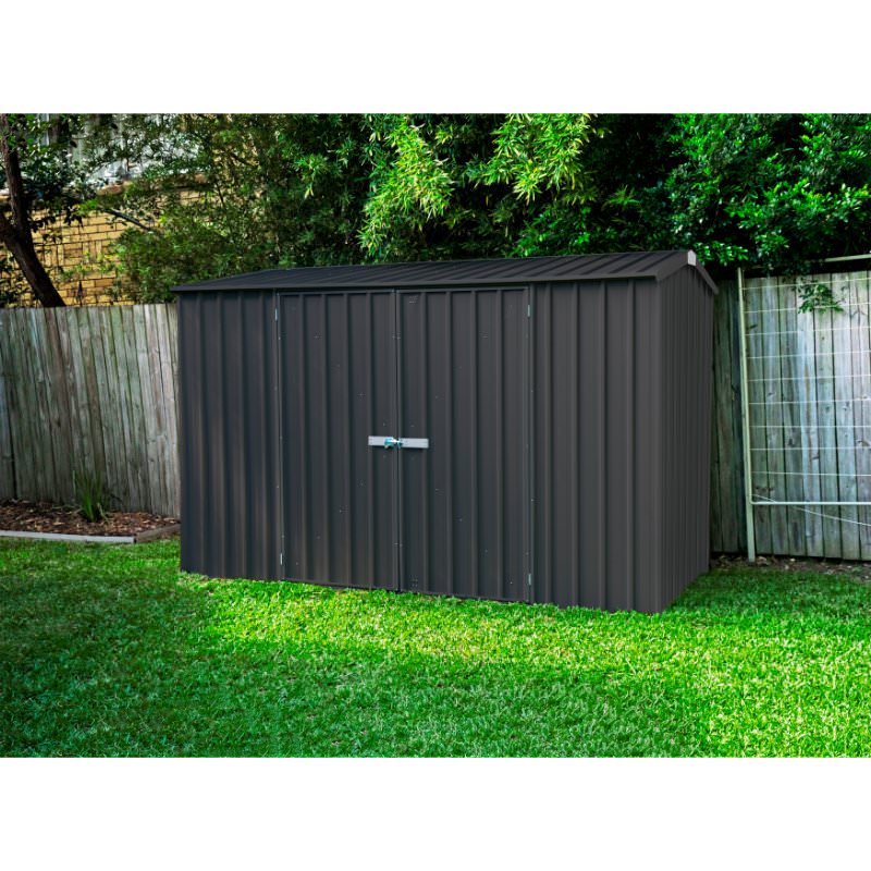 absco-premier-garden-shed-charcoal-gray-sitting-in-front-of-fence