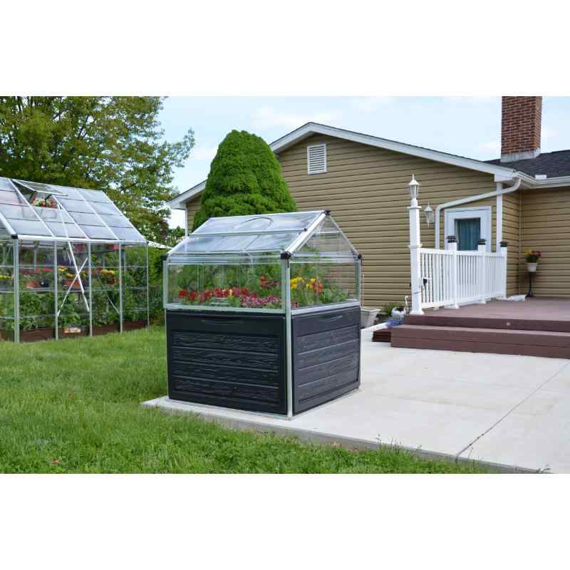 palram canopia plant inn 4x4 raised garden bed angled side view