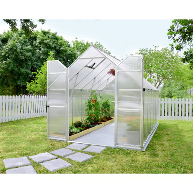 palram-essence-8x12-greenhouse-doors-open-stone-path-leading-to-door