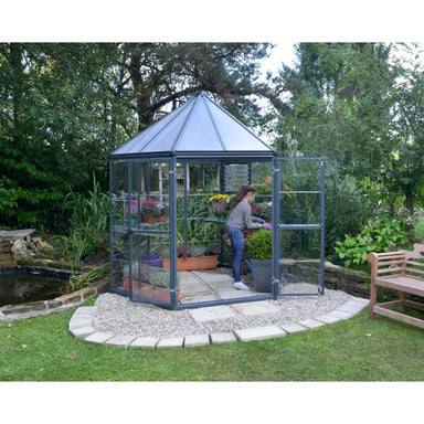 palram-oasis-hexagonal-greenhouse-grey-8ft-on-stone-base