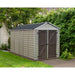 palram-plastic-sheds-skylight-tan-next-to-big-bushes