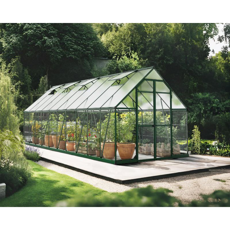 palram canopia balance greenhouse with potted plants and plant beds