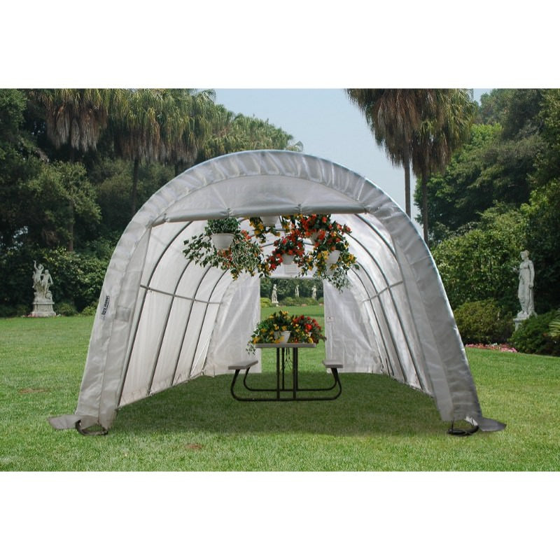 rhino shelter instant greenhouse with flowers in pretty backyard