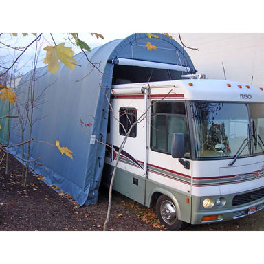 rhino shelter portable garage holding an rv front right view