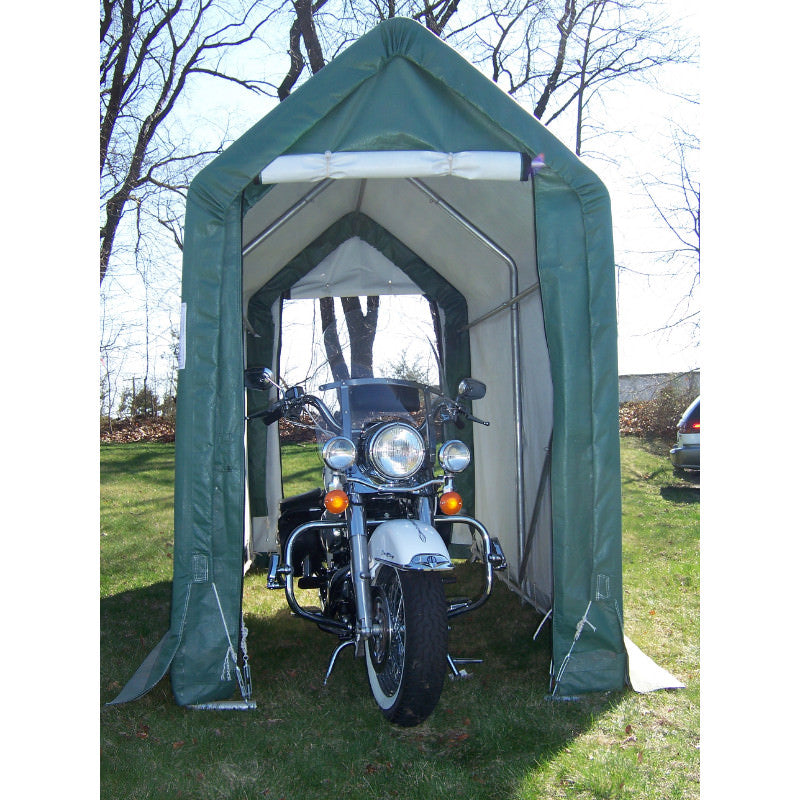 rhino shelter storage shed 5x10 covering a motorcycle