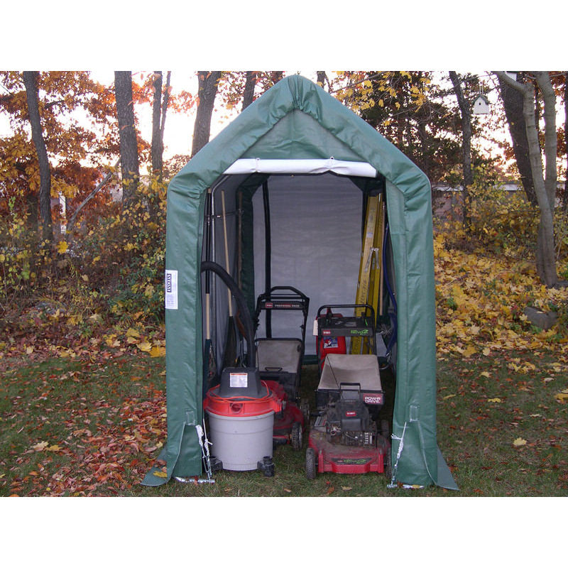 rhino shelter storage shed front view covering vacuum and lawnmower