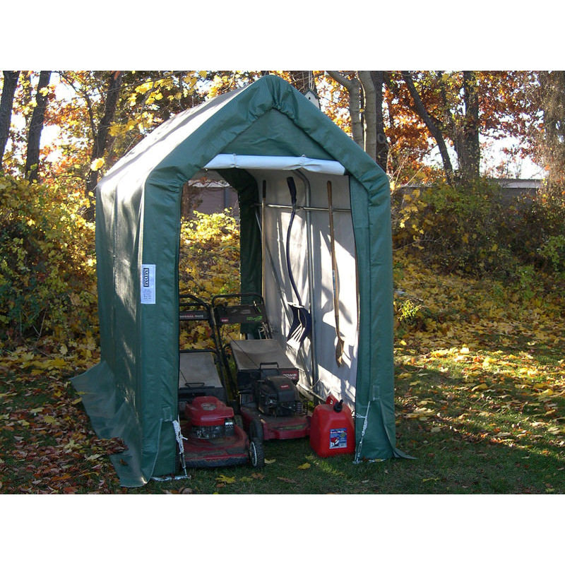 rhino shelter storage shed lawnmower and fuel inside shed