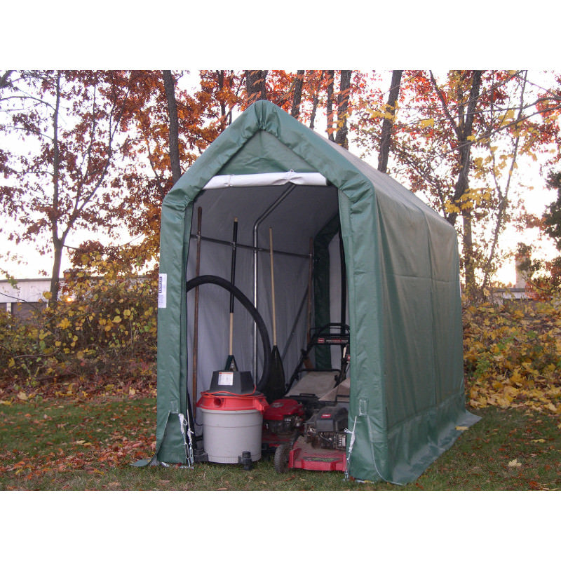 rhino shelter storage shed lawnmower and vacuum under shed